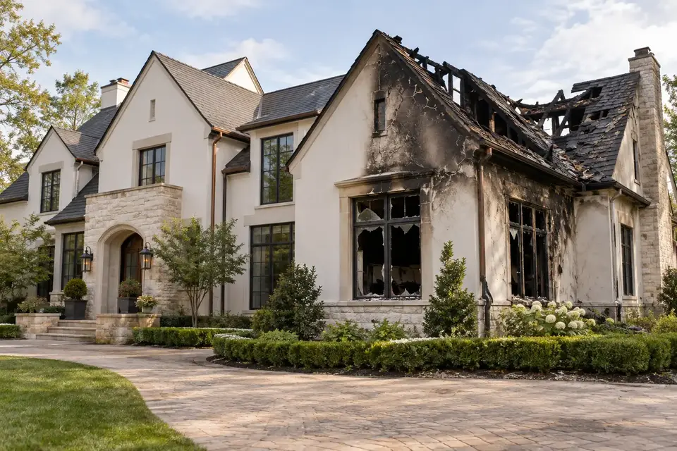 AI-generated illustration of a luxury home with charred roof framing and smoke damage after a fire