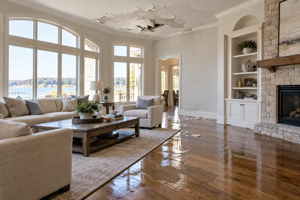 AI-generated illustration of an upscale living room with ceiling stains, damaged plaster and water on the wood floor